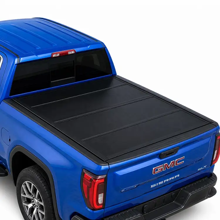 GMC सिएराको लागि कम प्रोफाइल हार्ड क्वाड-फोल्ड Tonneau कभर